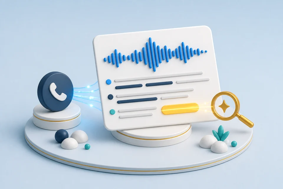 A call becoming a waveform, organized transcript, and highlighted insight